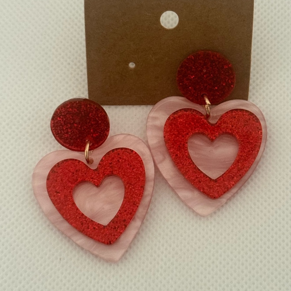 Red & Pink Heart Acrylic Earrings – Glitter Layered Drop – NWT - Picture 2 of 7